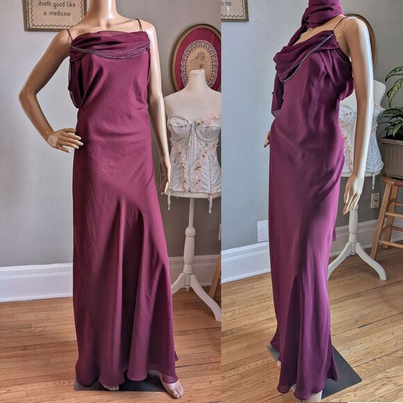 Vintage Y2K Prom Gown Maxi Dress Maroon Cowl Beaded Whimsygoth Plus Size 16 - Picture 1 of 14